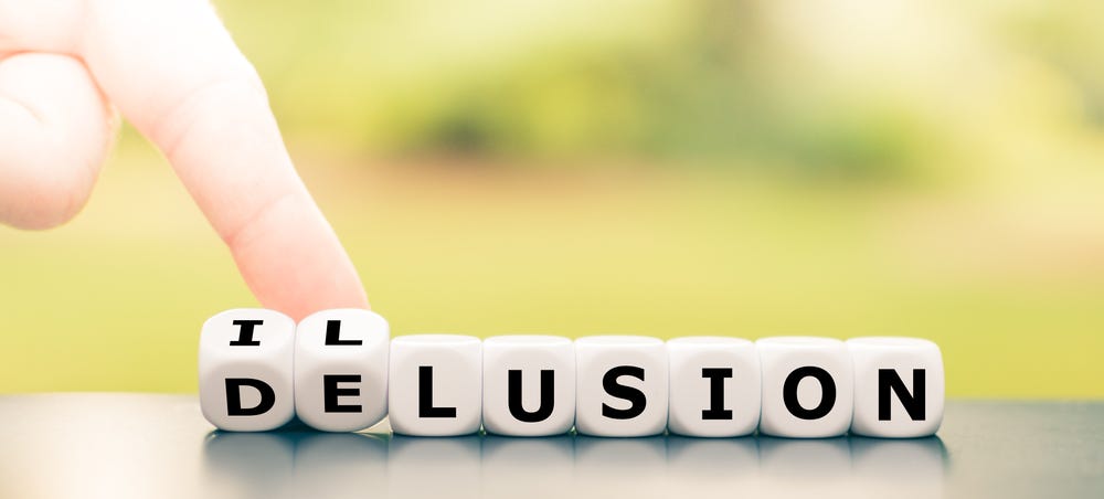 blocks with a finger on the first 2 letters switching between illusion and delusion