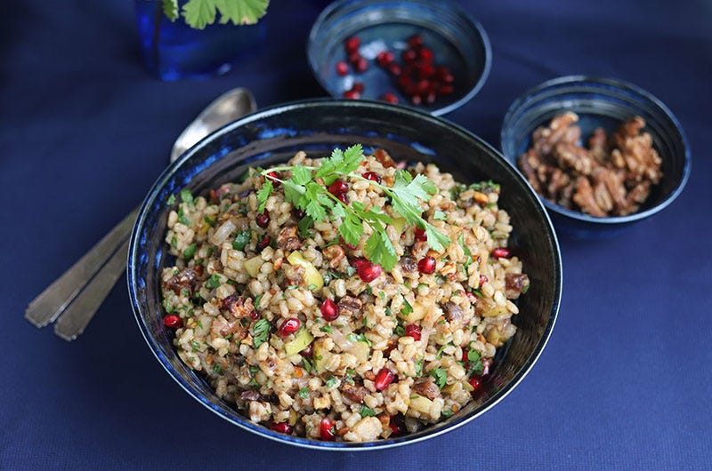 Herbed Barley Salad with Dates, Pomegranates, and Apples, Cook the Vineyard