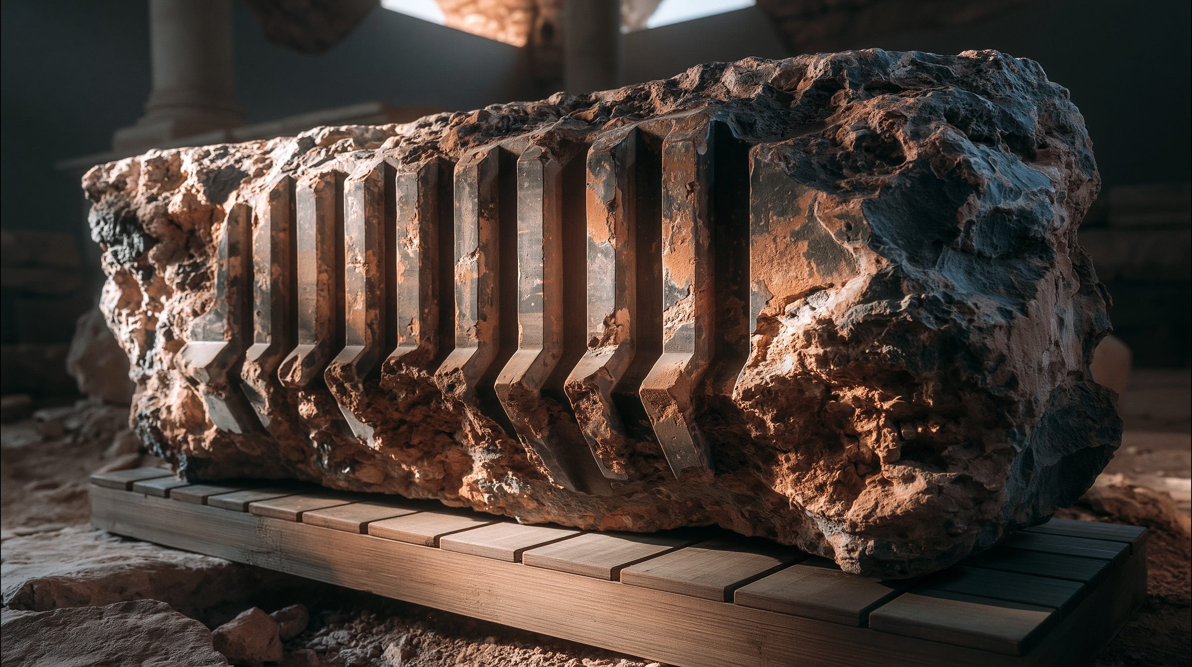 Weathered ancient stone block, rough sun-bleached limestone, a set of perfectly straight parallel grooves cut precisely into the eroded surface