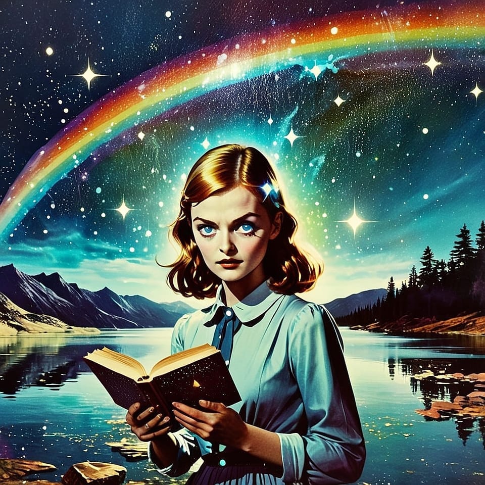 A woman stands before a lake, her blue eyes direct at the viewer, she holds a book in her hand, ike the book is the weapon. A woman stands before a lake, her blue eyes direct at the viewer, she holds a book in her hand, ike the book is the weapon.