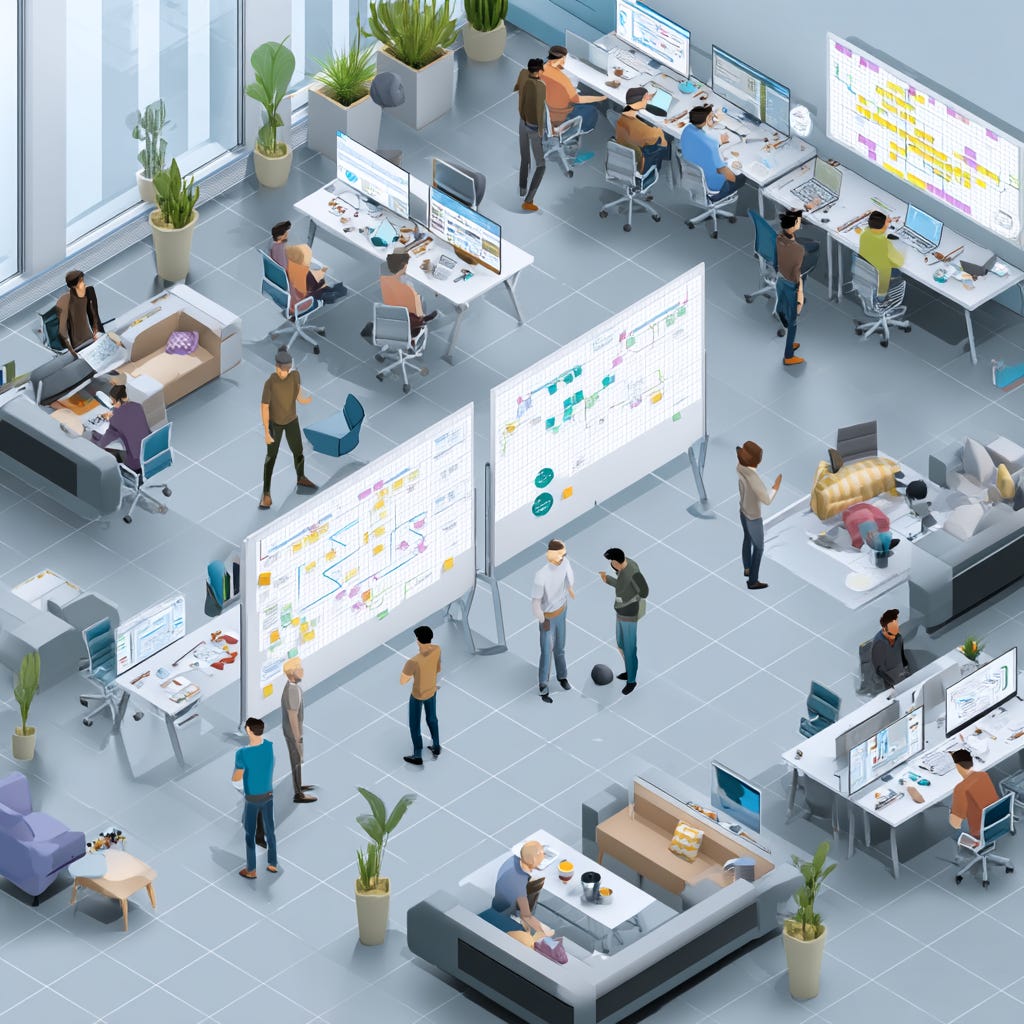 Modern AI-driven legal operations hub featuring diverse professionals working collaboratively in a bright, open-plan office. Multiple digital screens display data visualisations, process maps, and contract analytics, while whiteboards showcase AI workflow diagrams and compliance tracking. Teams of lawyers, technologists, and business analysts are engaged in reviewing documents, coding, and strategy planning—illustrating a seamless blend of legal expertise and artificial intelligence. The space includes informal lounge areas, suggesting hybrid work culture and innovation. Ideal visual for content focused on legal tech, AI transformation in law firms, digital legal departments, in-house legal innovation, compliance automation, and enterprise-grade legal AI platforms