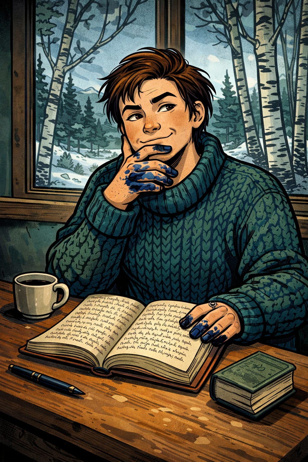 Cartoon image of a bemused editor with inky fingers wearing a wool sweater, sitting at a table by a window with a cup of coffee. Cartoon image of a bemused editor with inky fingers wearing a wool sweater, sitting at a table by a window with a cup of coffee.