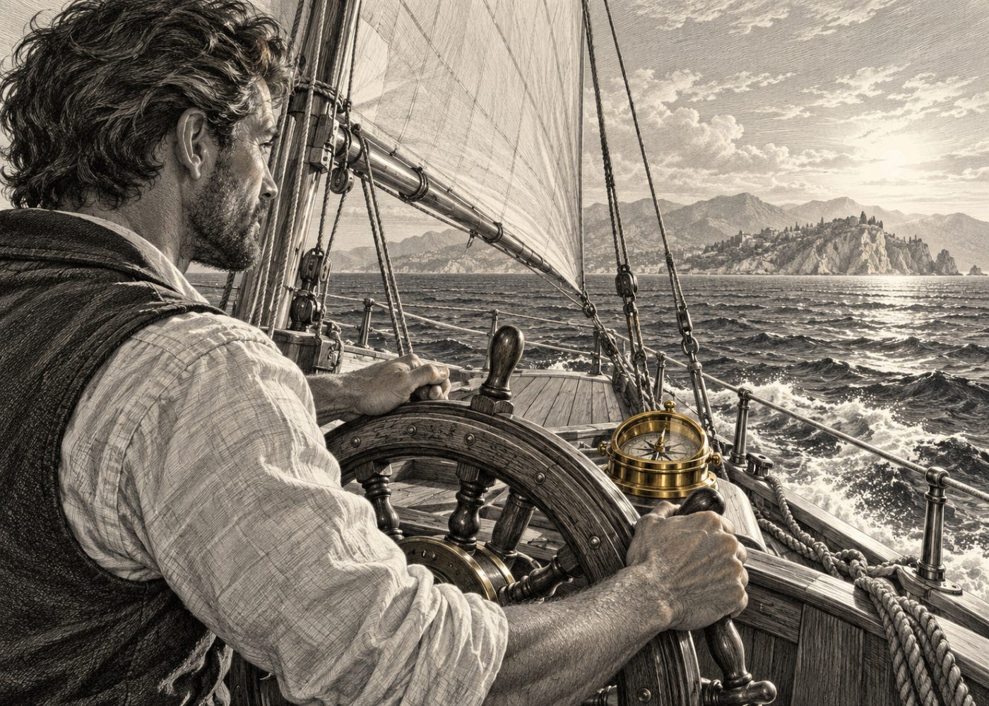 An engraved helmsman steers a sailboat towards a distant headland, with a gold compass beside his hands.