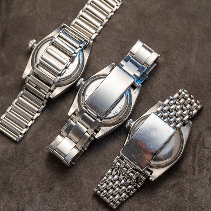 vintage rolex gay freres bracelets, oyster, bonklip, and beads of rice.