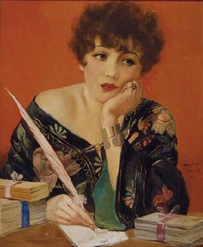 Woman writing letter at desk (c.1940s). Henry Clive (Australian, 1882-1960).
While Clive did portraits of Ziegfeld Follies girls and film actresses and illustrations for movie posters and advertisements, this work is in the style of cover art that he...
