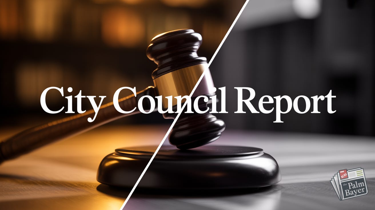 A symbolic image of a wooden gavel split diagonally between light and shadow, with the text 'City Council Report,' representing the divisive Palm Bay Council Meeting.