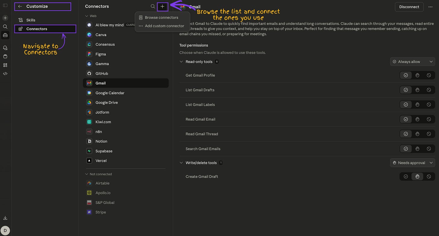 Claude Customize page showing the Connectors section with connected tools like Gmail, Google Drive, Canva, Notion, and the option to browse and add more connectors