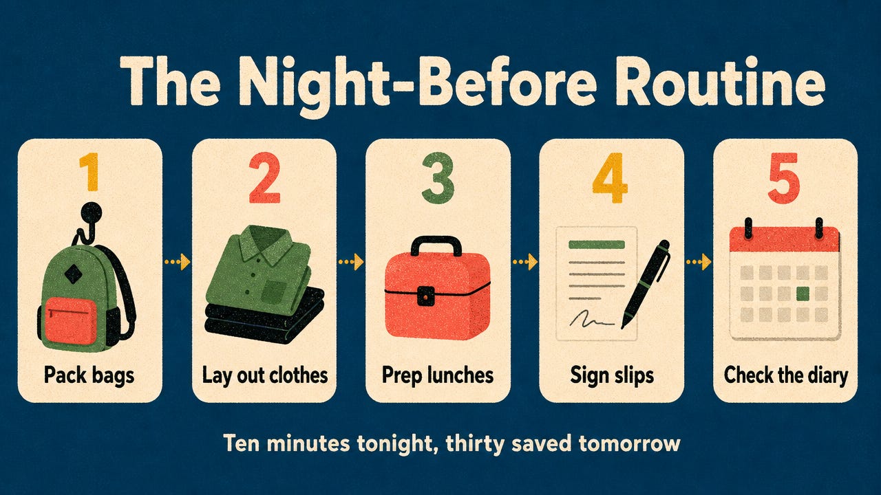 Infographic of the five-step night-before routine for back-to-school — pack bags, lay out clothes, prep lunches, sign slips, check the diary