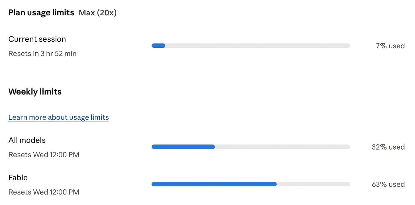 Screenshot of a Claude plan usage limits panel: "Plan usage limits Max (20x)"; "Current session" with "Resets in 3 hr 52 min" showing a progress bar at "7% used"; "Weekly limits" heading with a "Learn more about usage limits" link; "All models" with "Resets Wed 12:00 PM" showing a progress bar at "32% used"; "Fable" with "Resets Wed 12:00 PM" showing a progress bar at "63% used". Screenshot of a Claude plan usage limits panel: "Plan usage limits Max (20x)"; "Current session" with "Resets in 3 hr 52 min" showing a progress bar at "7% used"; "Weekly limits" heading with a "Learn more about usage limits" link; "All models" with "Resets Wed 12:00 PM" showing a progress bar at "32% used"; "Fable" with "Resets Wed 12:00 PM" showing a progress bar at "63% used".