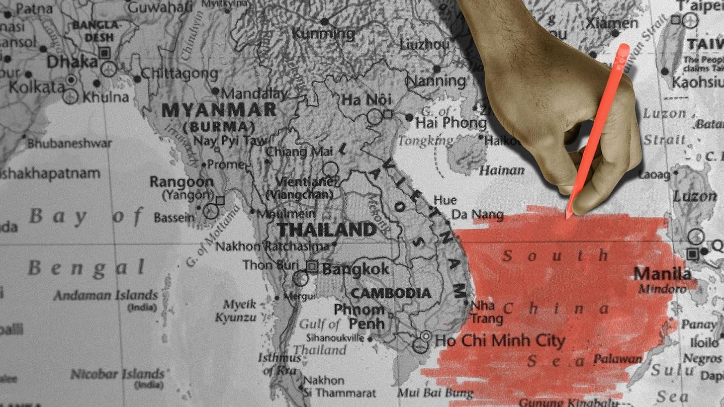 Illustration of a map of the South China Sea, with a hand coming down from China coloring the sea in red 