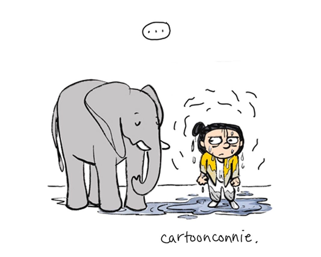 Illustrated excerpt from a 4-panel comic strip about weathering anxiety about change and disruption without A.I. chatbots, titled "The Temptation of A.I." by Connie Sun, cartoonconnie, 2026.