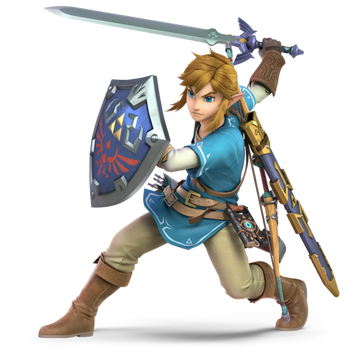 Link mid-action, swinging his sword. He's a blond with pointed ears and blue eyes, with a scabbard strapped to his back. He's wearing tan pants, brown boots, and a sky-blue tunic.