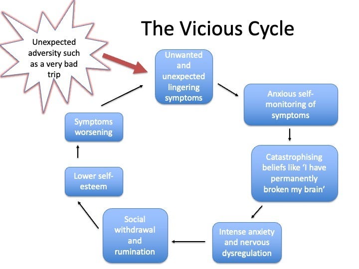 May be an image of text that says "Unexpected adversity such as a very bad trip The Vicious Cycle Unwanted and unexpected lingering symptoms Symptoms worsening Anxious self- monitoring of symptoms Lower self- esteem Catastrophising beliefs like 'I have permanently broken my brokenmybrain' brain' Social withdrawal and rumination Intense anxiety and nervous dysregulation"