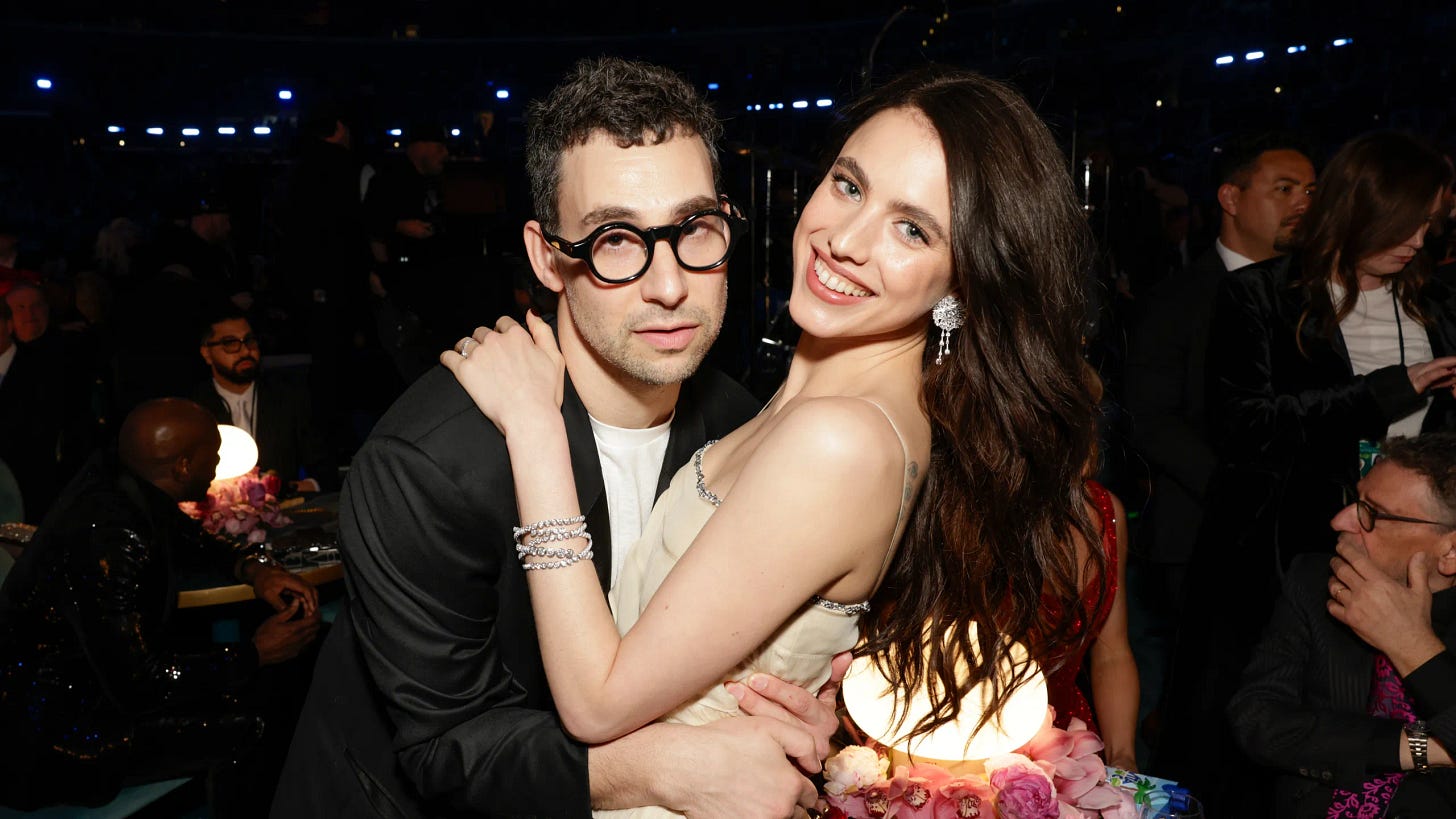 Photo of Jack Antanoff and Margaret Qualley embracing