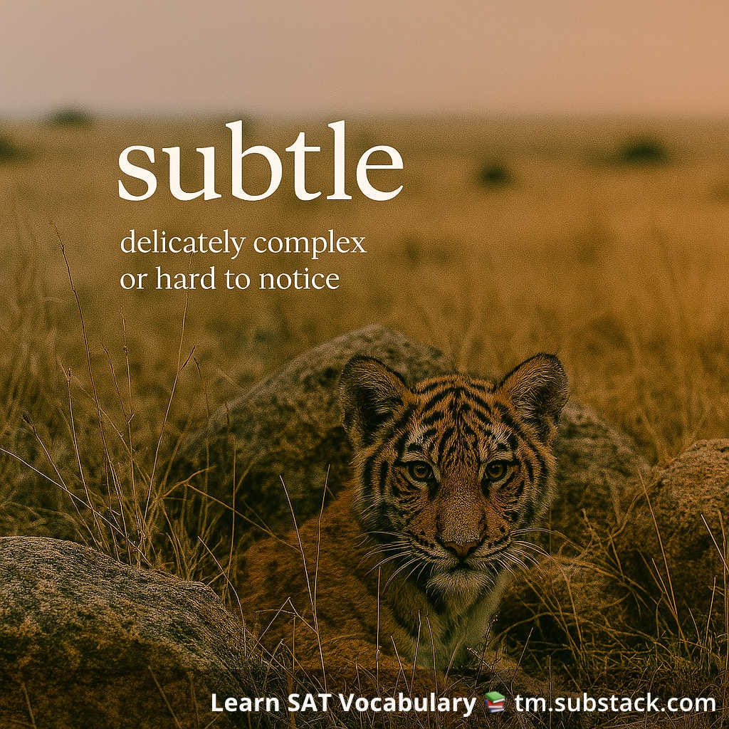 Illustration of a partially hidden tiger camouflaged in savanna; used to illustrate the SAT word 'subtle'.