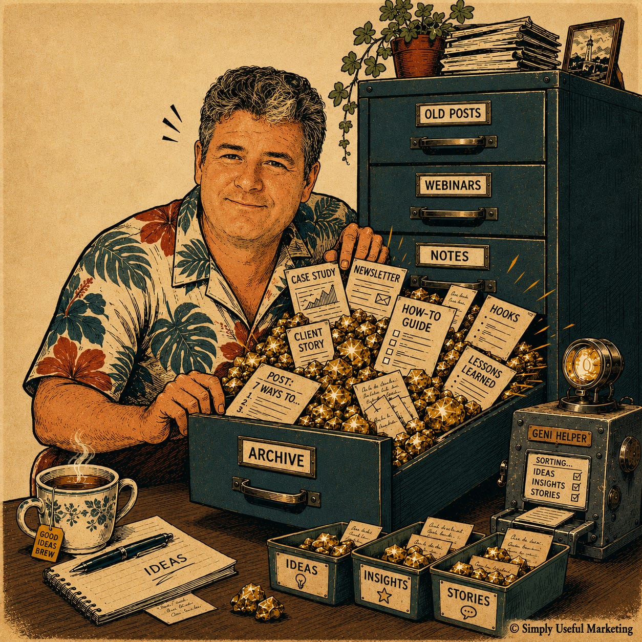 Alt text: Vintage poster-style illustration of a man in an aloha shirt opening an archive filing cabinet drawer overflowing with gold nuggets, newsletter pages, case studies, hooks, and other content ideas. A small “GenAI helper” machine sorts the treasure into bins labeled Ideas, Insights, and Stories, with a tea mug and notebook on the desk nearby. Alt text: Vintage poster-style illustration of a man in an aloha shirt opening an archive filing cabinet drawer overflowing with gold nuggets, newsletter pages, case studies, hooks, and other content ideas. A small “GenAI helper” machine sorts the treasure into bins labeled Ideas, Insights, and Stories, with a tea mug and notebook on the desk nearby.