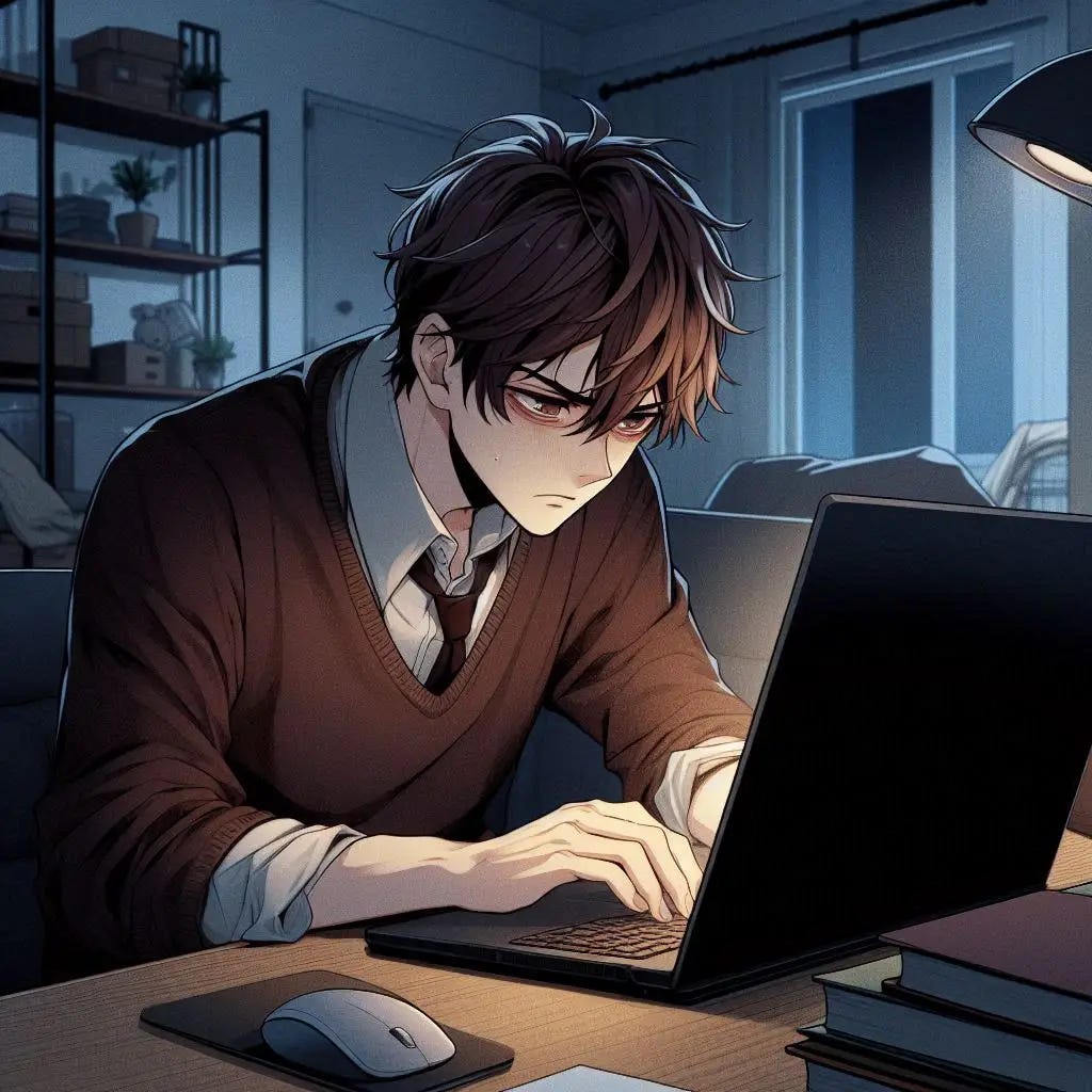 A young man with brown hair typing on his laptop looking frustrated and determined while at his apartment desk. Anime art style dark.