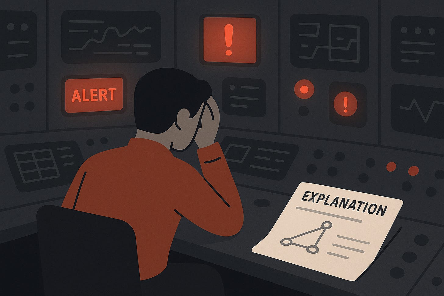 A person in a control room or cockpit surrounded by flashing lights and alerts — but a calm, helpful manual or diagram is pushed to the side.