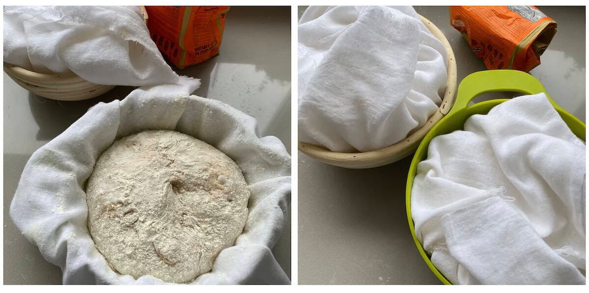 Bowls lined with muslin and filled with sourdough. Bowls lined with muslin and filled with sourdough.