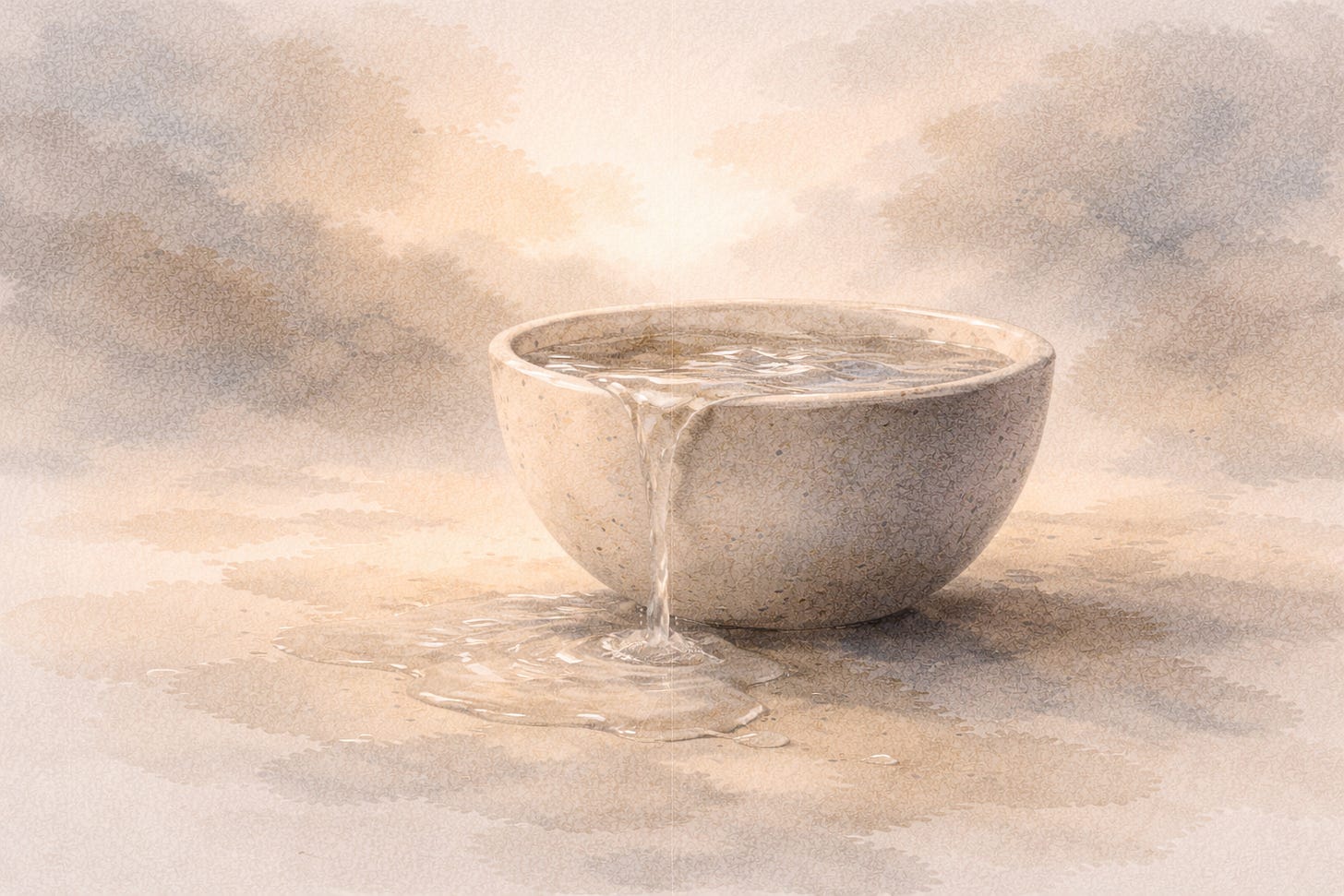 Stone bowl filled to the brim with water gently spilling over the edge, symbolizing capacity, unfinished business, and moving forward without pressure through self-awareness and care.
