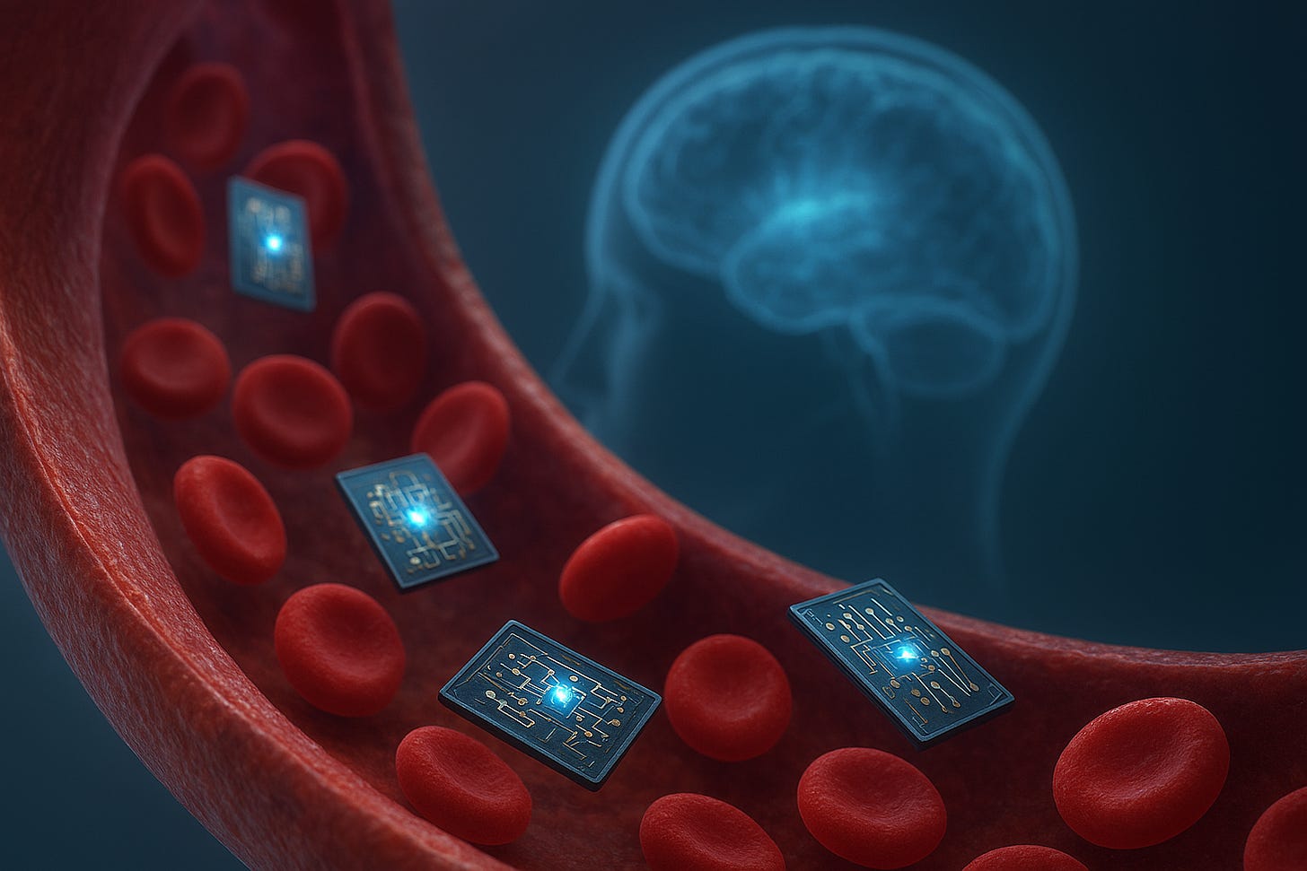 A highly detailed, realistic scientific visualization showing microscopic bioelectronic chips traveling through a human bloodstream toward the brain. The image includes a cross-section of blood vessels with tiny, glowing micro-implants navigating through red blood cells. In the background, a semi-transparent silhouette of the human brain highlights a targeted region illuminated by soft blue neural activity. Clean, modern lighting; medical-grade color palette; sharp focus; cinematic realism; 1920x1080.