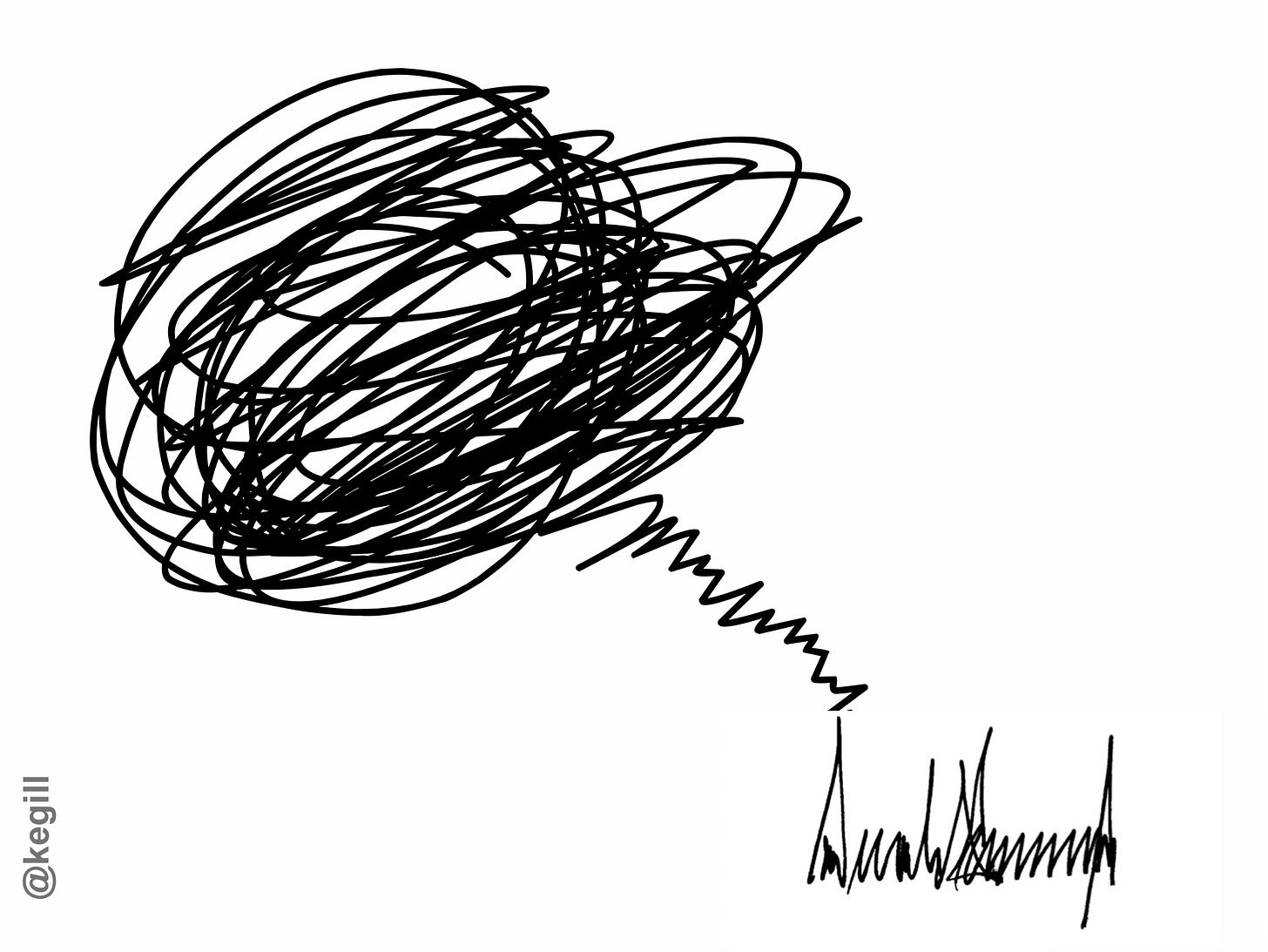 Scribble leading to DJT signature. Illustration by Kathy E Gill.