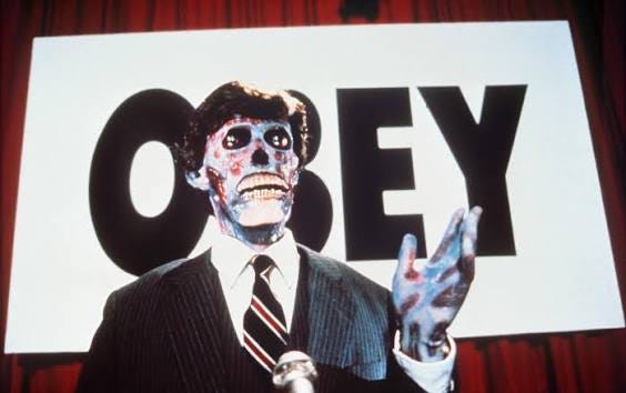 OBEY! WATCH THIS FILM! Director John Carpenter's subversive sci-fi satire  looks more prescient by the year. They Live is tonight at 1.55am. 🕶