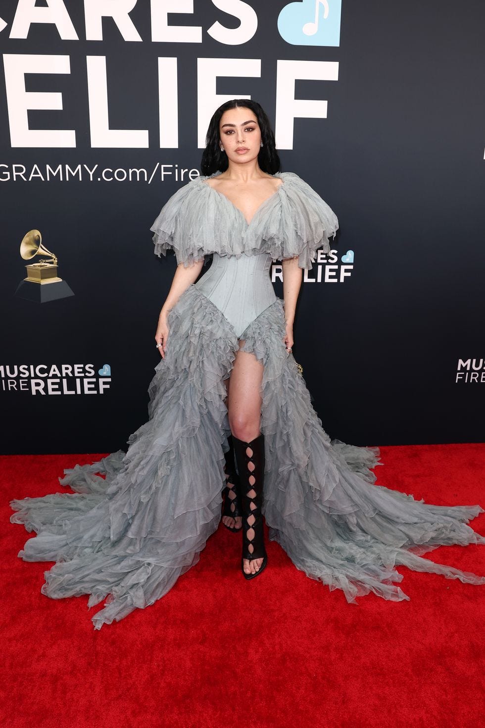 Charli XCX Wears a Grey Ruffled Dress at the 2025 Grammys