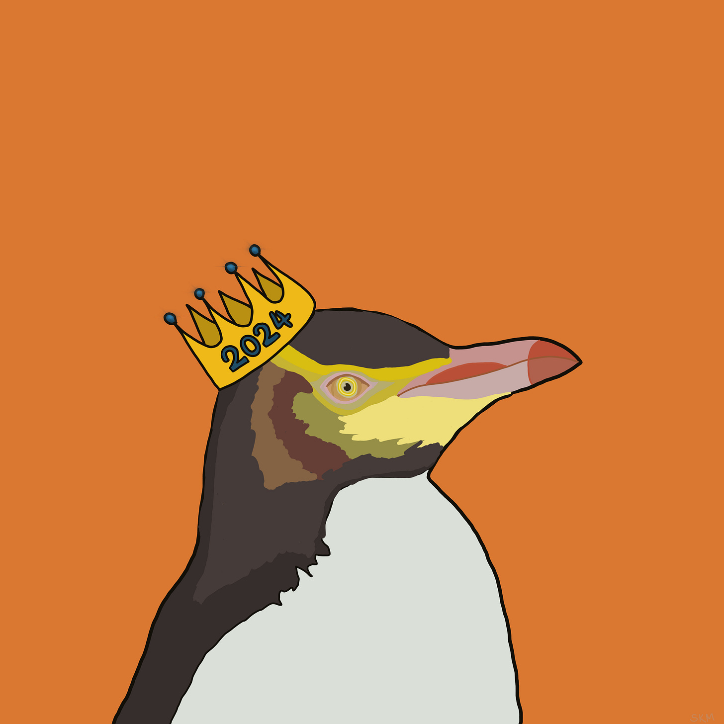 Side profile of a yellow-eyed penguin in the center wearing a crown that reads "2024." Orange background