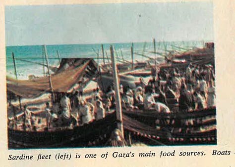 A collection of photographs from 1956 by David Douglas Duncan depicting Palestinian fishermen in Gaza. The images show men hauling their boat ashore after a night at sea, launching the sardine fleet at dusk, selling fresh catch directly on the beach, drying and mending nets, and preparing for another night’s work. These scenes reflect the enduring reliance on the sea for survival, even under the looming pressures of conflict and blockade.