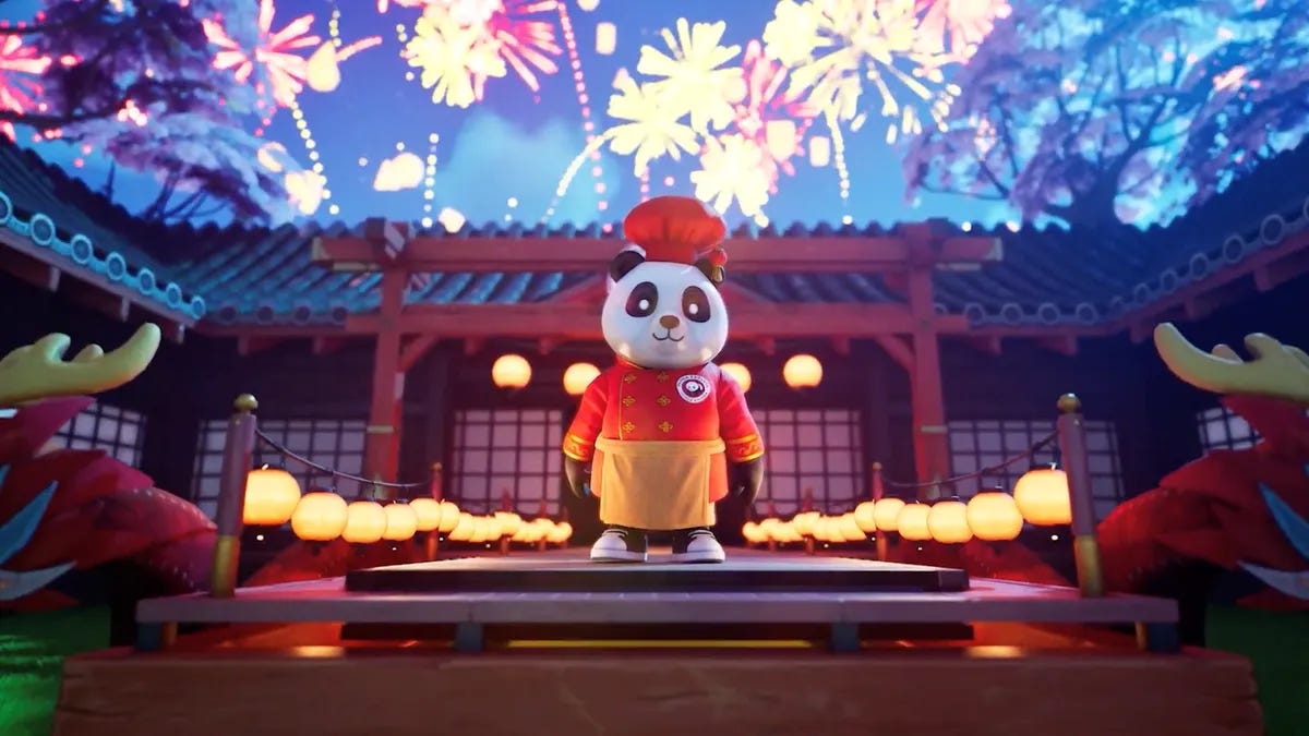 Panda Express's mascot PeiPei standing in front of fireworks in a digital environment.