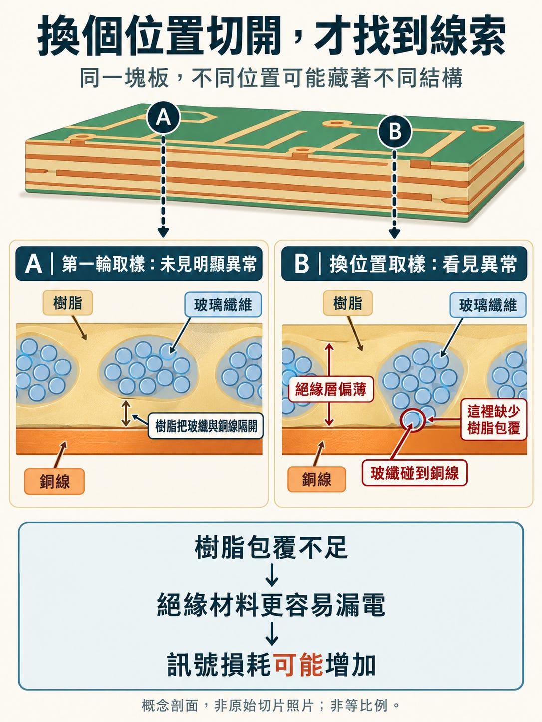 放大剖面對照：樹脂充分隔開玻纖與銅線，以及絕緣層偏薄、玻纖碰銅且缺少樹脂包覆