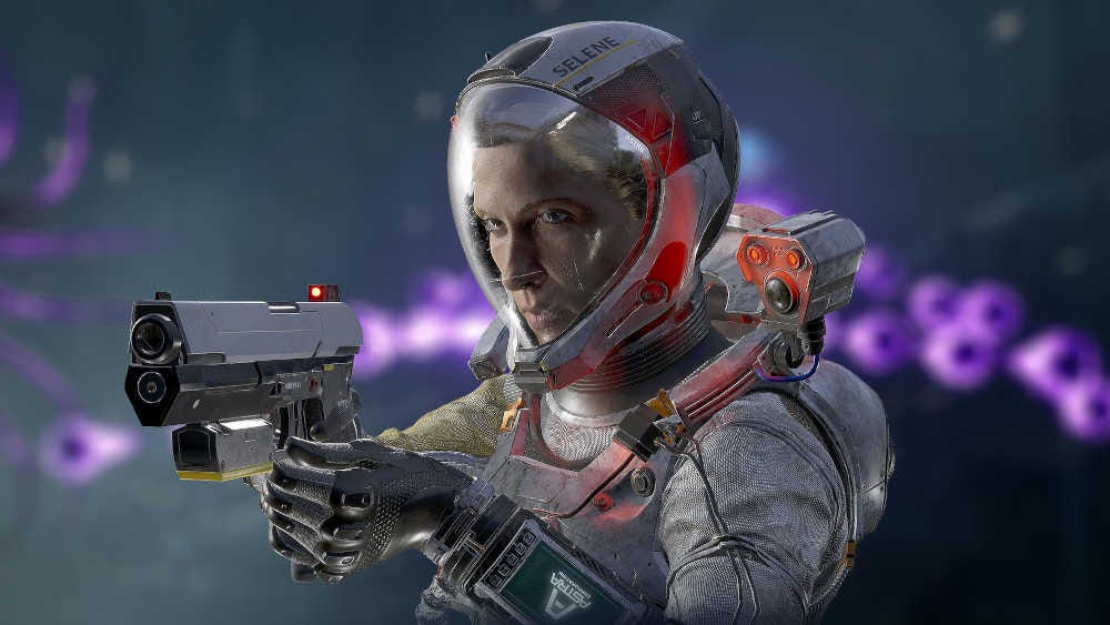 Returnal's protagonist holding a handgun Returnal's protagonist holding a handgun