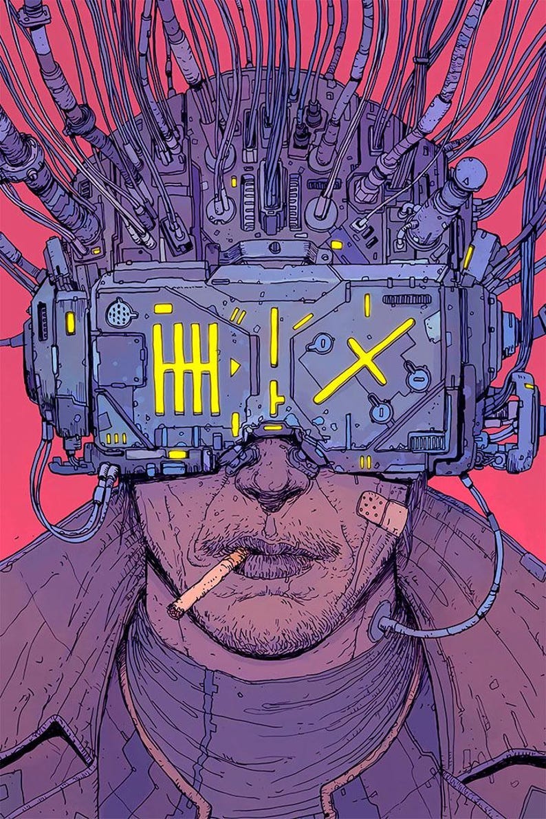 May include: Illustration of a person with a cybernetic interface. The person has a mustache and is smoking a cigarette. The interface is a large, rectangular device with yellow accents and numerous wires connected to the head. The background is a solid pink color. The person is wearing a jacket and has a bandage on their cheek.
