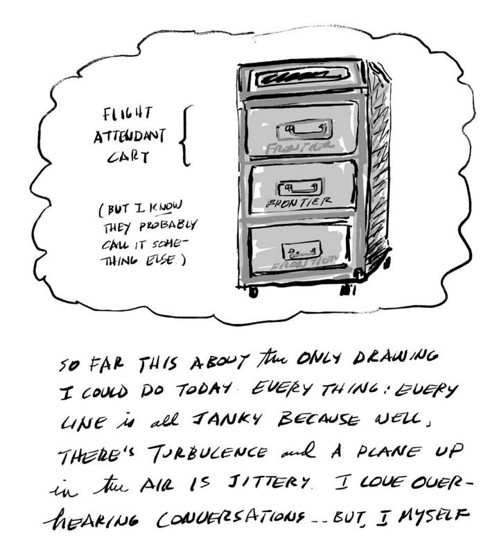 Illustration of the apron, a side looking at his phone and two guys talking. 