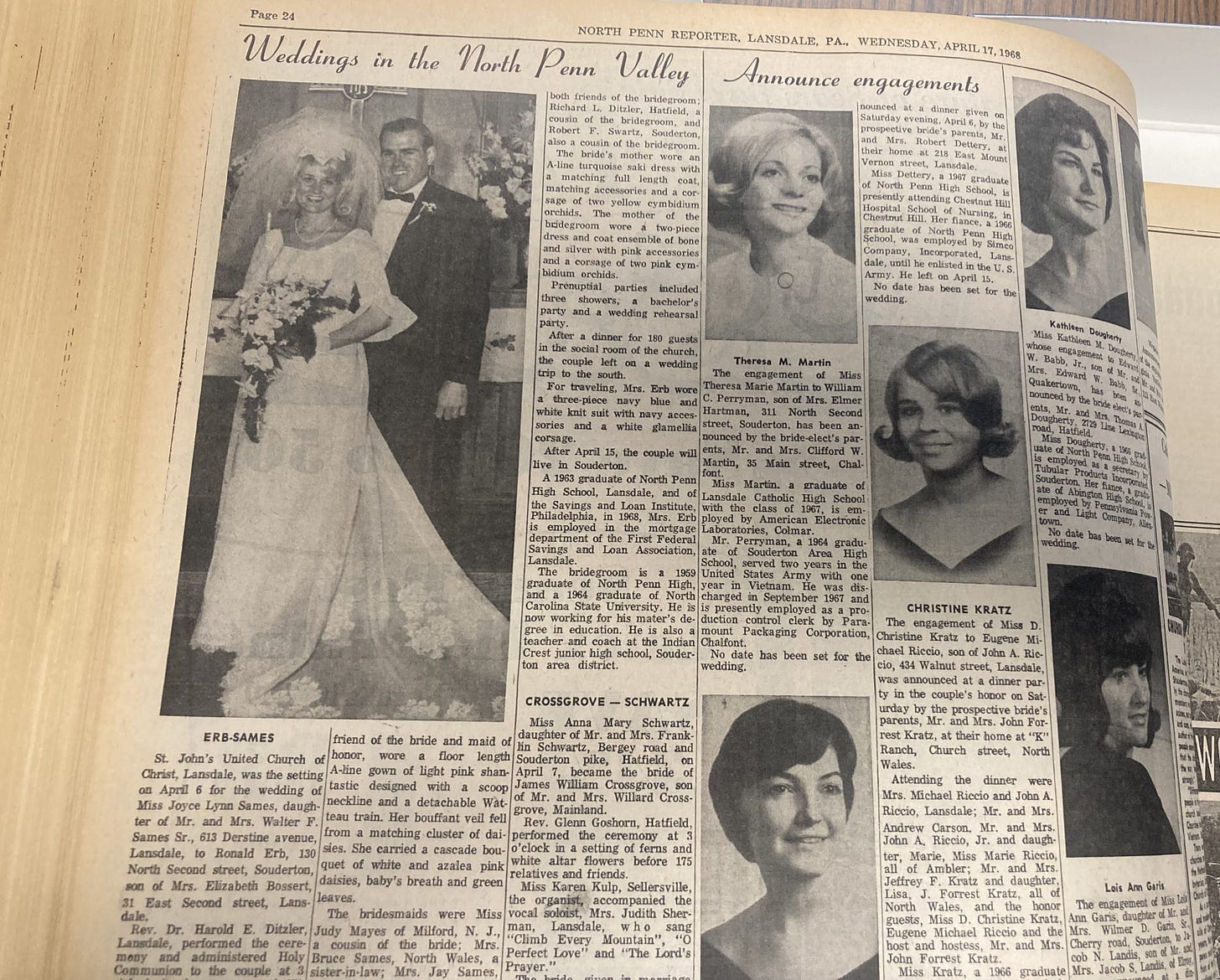 A yellowed newspaper page from 1968 featuring wedding and engagement announcements