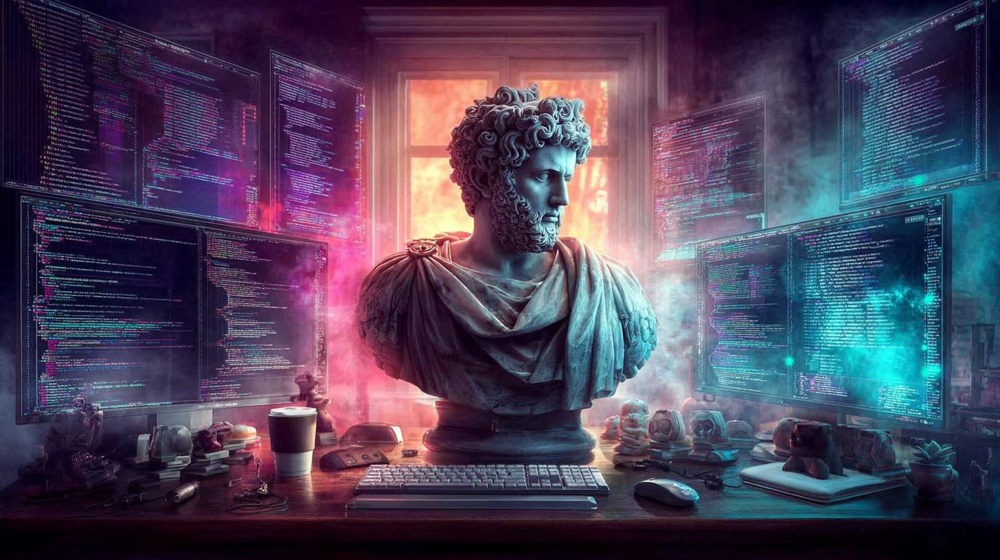A weathered marble bust of Marcus Aurelius positioned on a modern developer's desk, surrounded by glowing monitors displaying code review comments