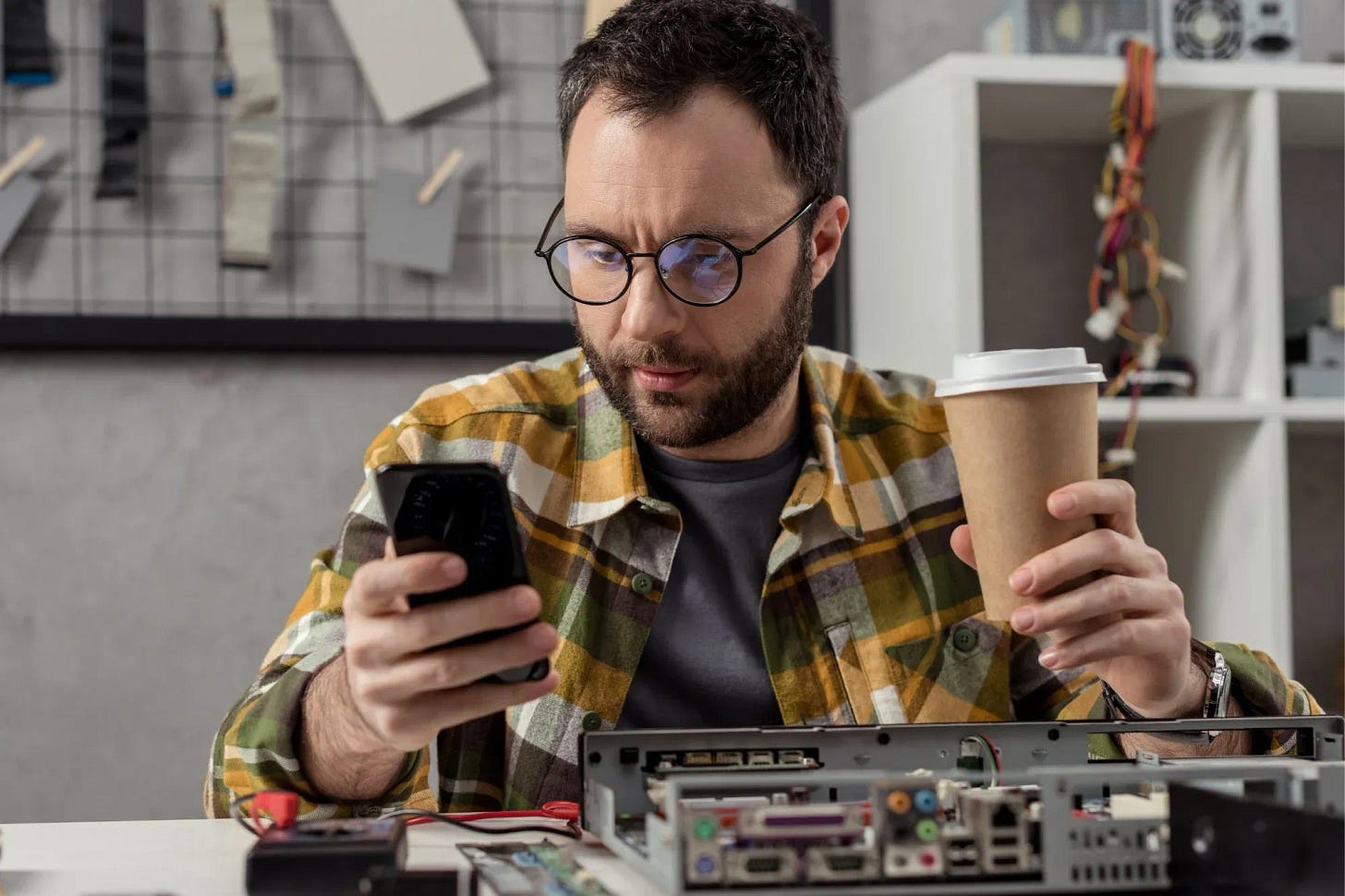 A worker multitasking, holding phone in one hand and coffee in other