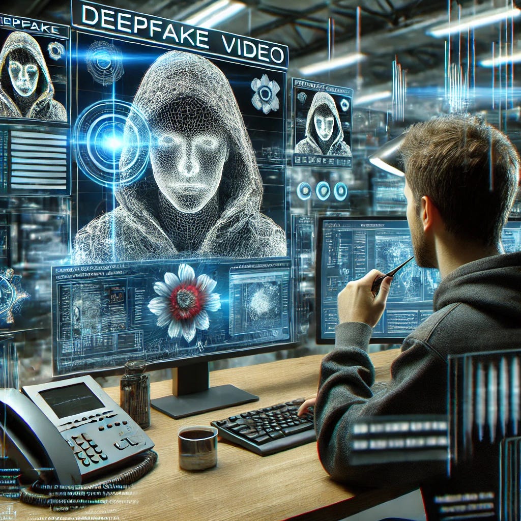 A detailed, high-resolution image of a digital forensic investigator analyzing a deepfake video on a high-tech workstation. The background features multiple monitors with holographic interfaces displaying AI-generated artifacts and fraud detection algorithms, all set in a modern cybersecurity lab.