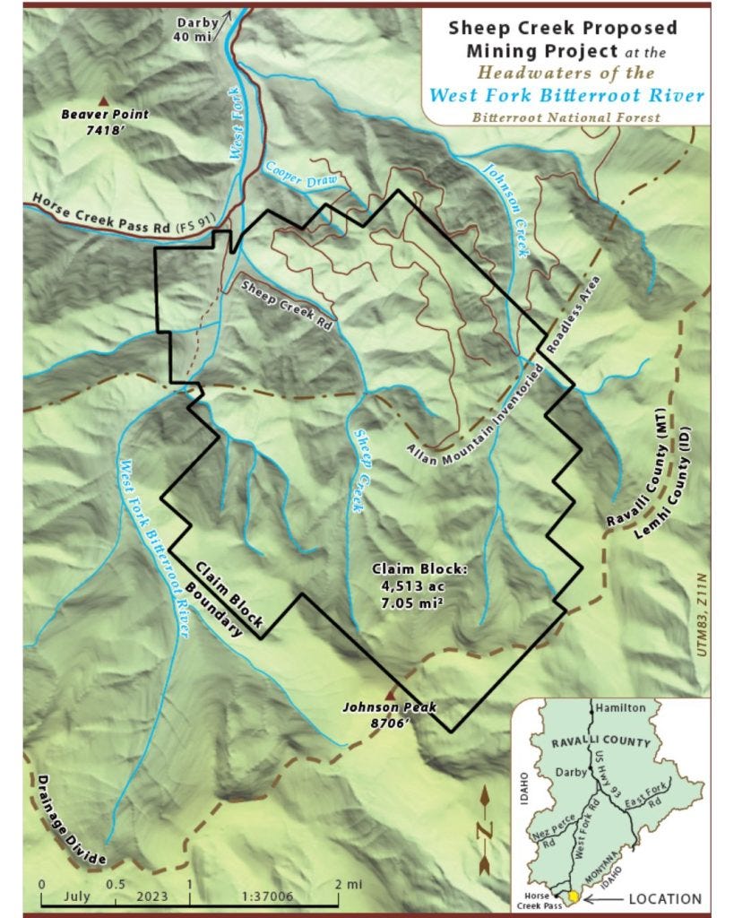 Map depicting location of potential rare earth mine above the west fork of the bitterroot river, or bitterroot river headwaters