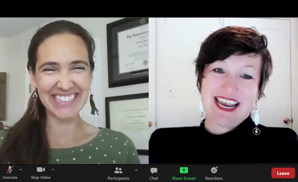 Screenshot of two smiling women on zoom