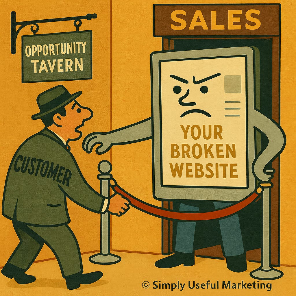 A vintage-style illustration shows an anthropomorphic “Your Broken Website” acting as a stern bouncer at the entrance to “Sales,” blocking a man labeled “Customer” with a velvet rope. The customer tries to step inside the doorway, but the website’s outstretched arm stops him. A sign for “Opportunity Tavern” hangs nearby, and the image includes a copyright mark for Simply Useful Marketing.