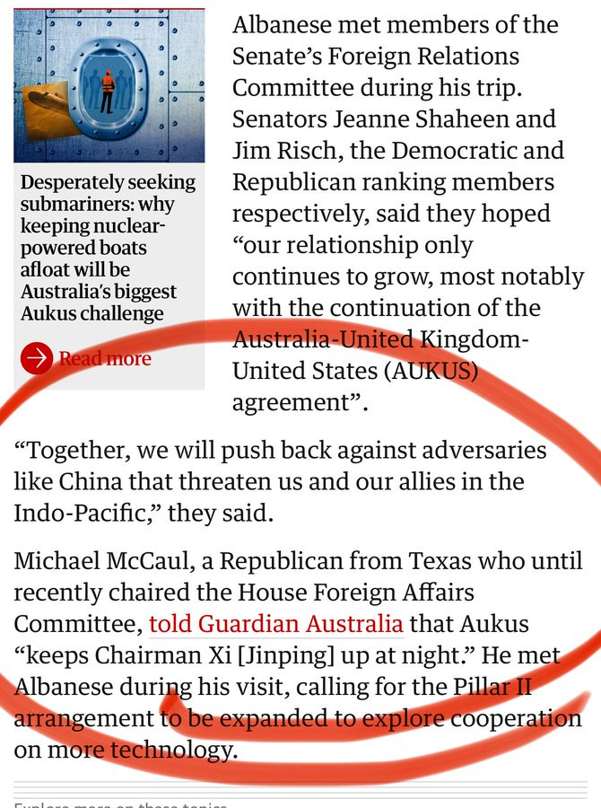 Infographic with blue background and white text overlay detailing Australian Prime Minister Albanese meeting US Senators Jim Risch Jeanne Shaheen and Dan Sullivan during foreign relations trip discussing deepening ties including submarine powered boats AUKUS challenges with UK US and pushback against adversaries like China in Indo-Pacific Michael McCaul Republican House Foreign Affairs Committee commenting on expanded cooperation arrangements.