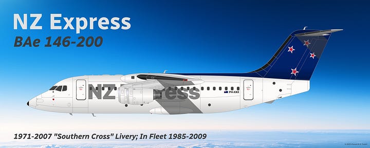 The jetliners most commonly used to operate on NZ Express' Pacific Island route network: (1) British Aerospace BAe 146-200 (1985-2009), (2) Airbus A318 (since 2009), (3) Aria T42 (since 2023), and Aria T72 (since 2024) - all shown in side view while in midflight.
