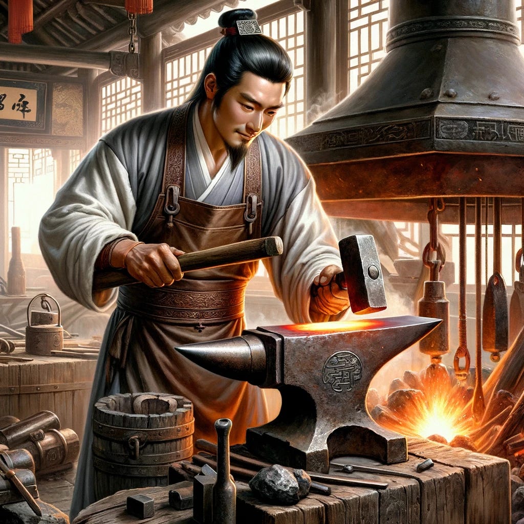 A classic Chinese ironsmith in traditional attire, working in an ancient forge. The ironsmith, with a focused expression, is using a large hammer to shape a piece of glowing hot metal on an anvil. The background features a traditional Chinese forge, complete with bellows and coal fire, casting warm light on the surroundings. There are various traditional tools and iron pieces scattered around. The scene is depicted in a historical setting, showcasing the rich cultural heritage and craftsmanship of ancient China.