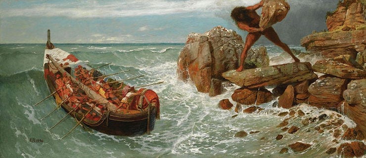 Painting of a crowded rowing boat in rough surf beside cliffs, while a man hauls a large catch on the rocks.