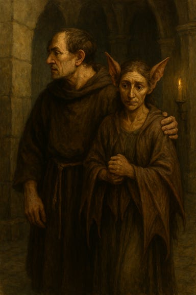 A dark fantasy image of Clovin leading Marzena away through a candlelit corridor in the Abbey of St. Markovia. Clovin is a two-headed, hunched figure in a tattered robe, one head looking forward with grim focus, the other turned slightly toward Marzena with a distracted expression. His posture is awkward but purposeful. Marzena, visually reminiscent of Kathryn Hahn, follows with a gentle, sorrowful expression, her batlike features subtle—slightly pointed ears, large eyes, and a shawl that drapes like folded wings. She clasps her hands nervously, glancing back toward the viewer. The corridor is lined with cracked stone and flickering candles, casting long shadows. The atmosphere is melancholic, quiet, and safe.