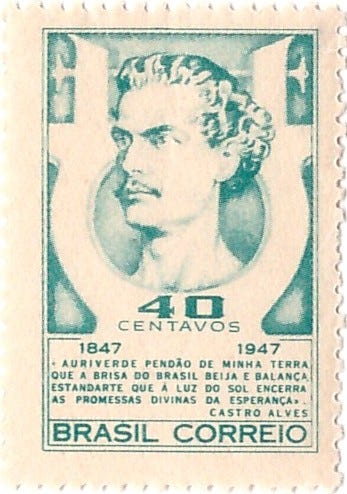 Castro Alves (1847-1871). Poeta do romantismo brasileiro conhecido como “poeta dos escravos”. Morreu aos 24 anos após longa doença, deixando obra marcada por intensidade e engajamento social.
