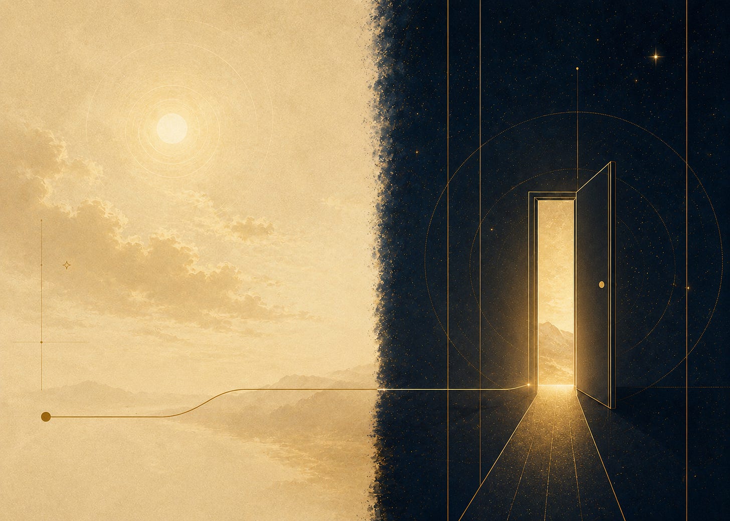 Wide abstract editorial image in cream, navy, and gold tones. The composition is split between a soft luminous cream landscape on the left and a deep navy cosmic space on the right. A glowing gold path line travels across the image toward an open gold-outlined doorway positioned at the center divide. Subtle geometric circles, stars, and architectural linework surround the doorway, creating a calm symbolic threshold between two states or worlds.