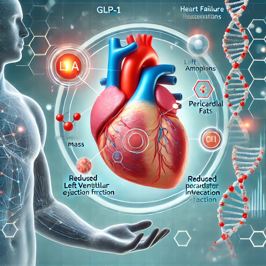 A modern medical illustration highlighting the impact of GLP-1 receptor agonists on heart failure with preserved ejection fraction (HFpEF). The image features a stylized human heart with an overlay of reduced left ventricular mass, pericardiac fat, and inflammation markers. A DNA strand and molecular structure elements subtly indicate the drug’s mechanism. The background is clean and futuristic, emphasizing innovation and hope in cardiology treatment.